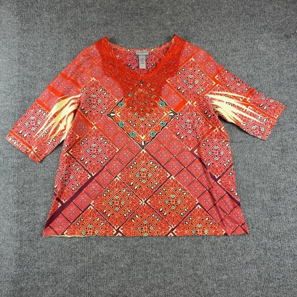 Catherines Blouse Womens 1X Multicolor Geometric Beaded Crochet Tunic Top